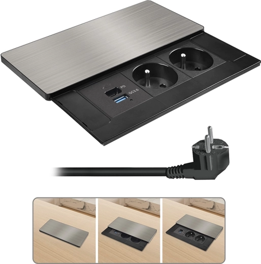 Solight bloque de enchufes empotrable con tapa deslizante, 2× 230 V, USB-A + USB-C 20 W PD, 2 m, plateado