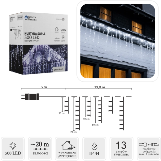 Cortina luminosa tipo carámbanos 500 LED blanco frío 23 m