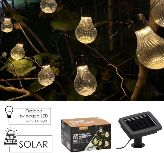 Guirnalda solar de jardín Stripes 20 LED, blanco cálido, 5,8 m