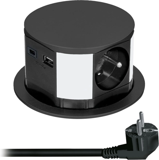 Regleta extraíble Solight con 3 tomas y carga USB, negra