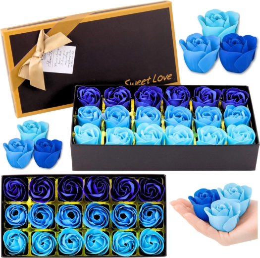 Caja de flores de regalo con rosas perfumadas, tonos azules, 18 uds.