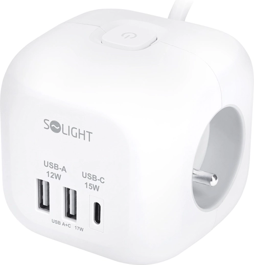 Regleta de alimentación Solight en forma de cubo, 3 tomas + USB-A y USB-C, cable de 2 m, blanca