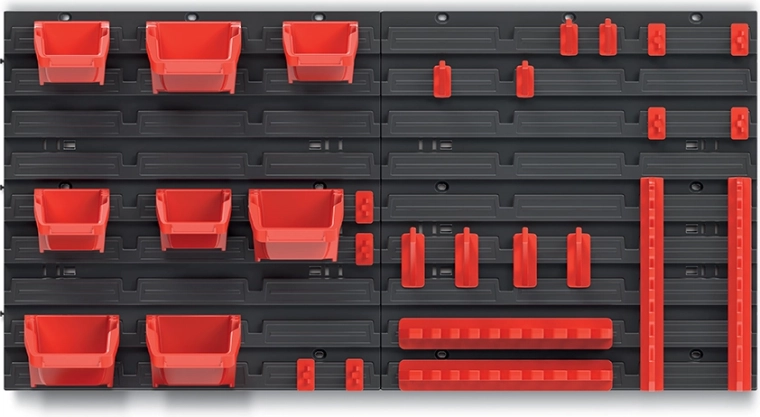 Panel colgante para herramientas con 8 cajas y juego de ganchos