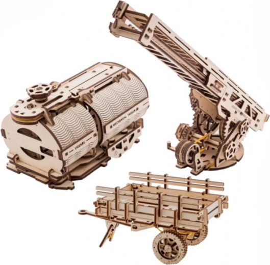 Accesorios UGEARS para el camión UGM-11 – escalera de bomberos, caja de remolque y cisterna (módulos mecánicos de madera 3D)