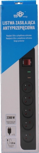 Regleta alargadora con protección contra sobretensiones Energy 5×, cable de 3 m