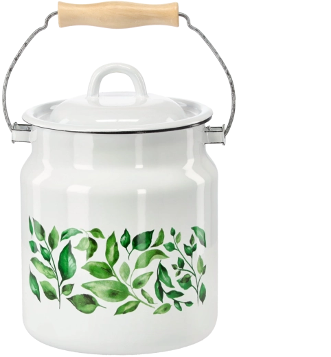 Jarra esmaltada para leche de 3,3 l con asa de madera, blanca con motivo de ficus