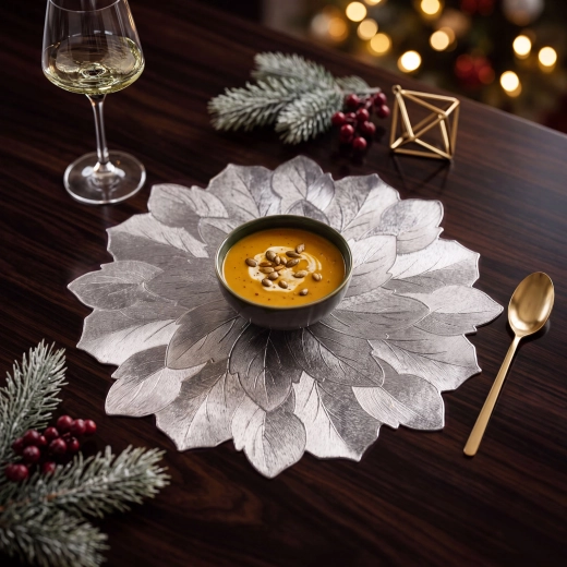 Mantel individual plateado con forma de flor y efecto metálico, 38 cm