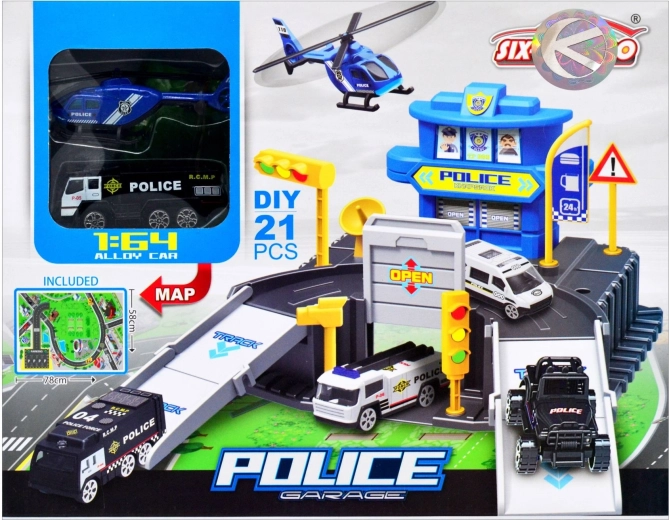 Aparcamiento policial con set de coche y helicóptero