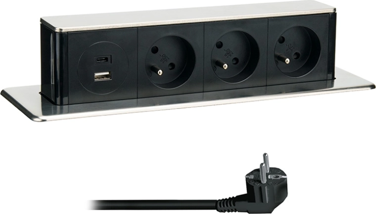 Solight bloque de enchufes extraíble 3× 230 V + USB-A/USB-C 20 W PD, 2 m, inoxidable
