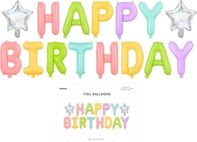 Globo de foil con texto Happy Birthday con estrellitas 395 × 35 cm - 1 unidad