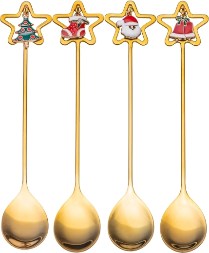 Set de 4 cucharillas decoradas con motivo festivo en una caja