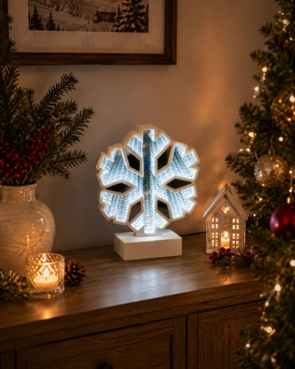 Decoración navideña 3D – copo de nieve con efecto de espejo infinito Infinity LED - 1 pieza