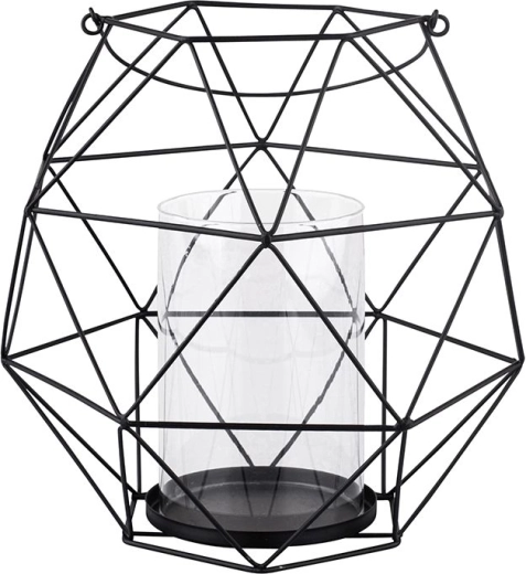 Candelabro metálico negro con asa e inserto de vidrio en diseño geométrico 22 × 22 × 22 cm