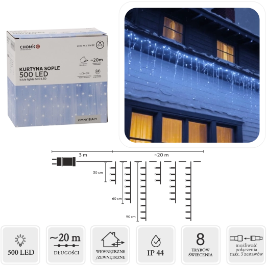 Cortina luminosa tipo carámbanos 500 LED blanco frío 23 m