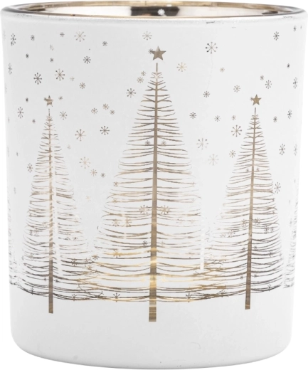Portavelas de vidrio para vela de té en blanco y dorado con decoración de árboles de Navidad