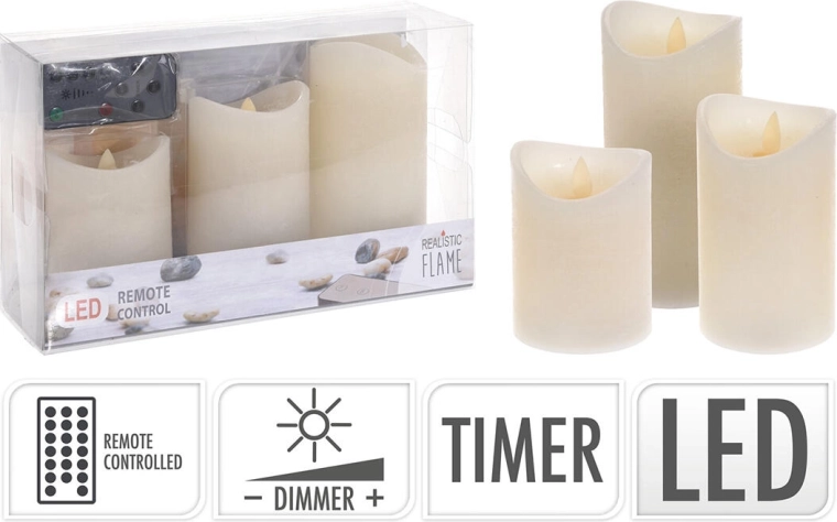 Set de velas LED con mando a distancia y temporizador, marfil (3 uds.)