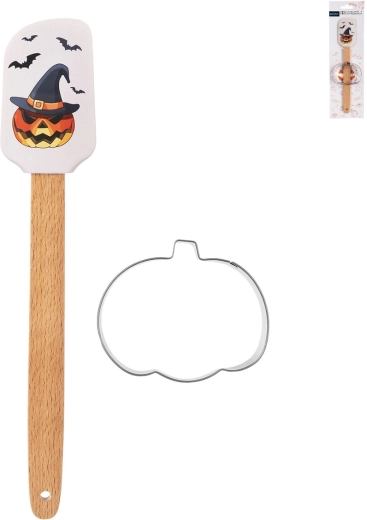 Rasqueta de cocina de silicona para Halloween con mango de madera y cortador de galletas de calabaza