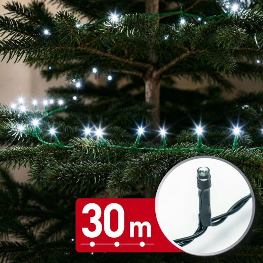 Cadena de luces LED de 30 m con 600 LED, luz blanca fría y cable verde