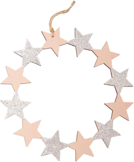 Corona colgante de madera con estrellas rosa 23 cm