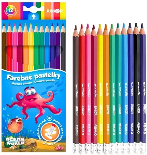 Lápices de colores hexagonales borrables Junior Ocean World, set de 12 uds.