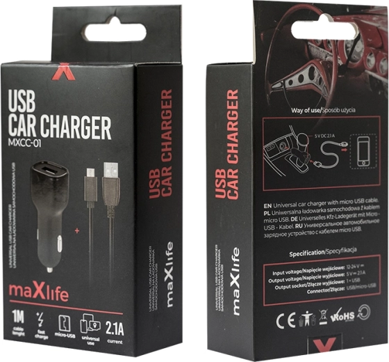 Cargador de coche Maxlife 2,1 A con microUSB, negro