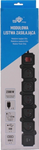 Toma de corriente modular con protección contra sobretensiones 5× Schuko con USB-A/USB-C, 1,5 m