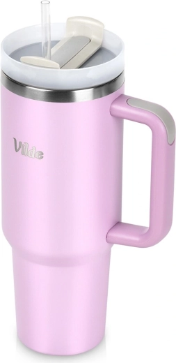 Taza térmica de acero inoxidable rosa con asa 1,2 l