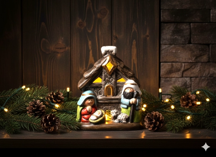 Belén navideño en forma de casita con iluminación LED 10 × 6,6 × 12 cm