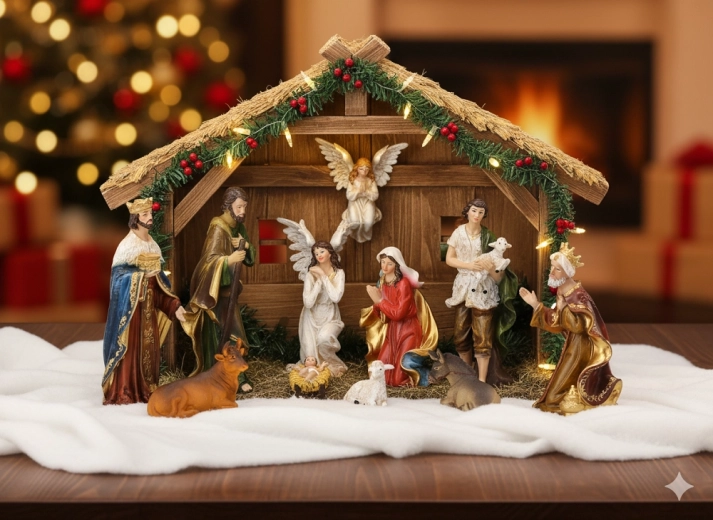 Conjunto de figuritas navideñas para belén, 11 piezas, de poliresina, hasta 21 cm