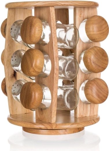 Set de especieros BRILLANTE de vidrio y madera con soporte giratorio, 12 uds.