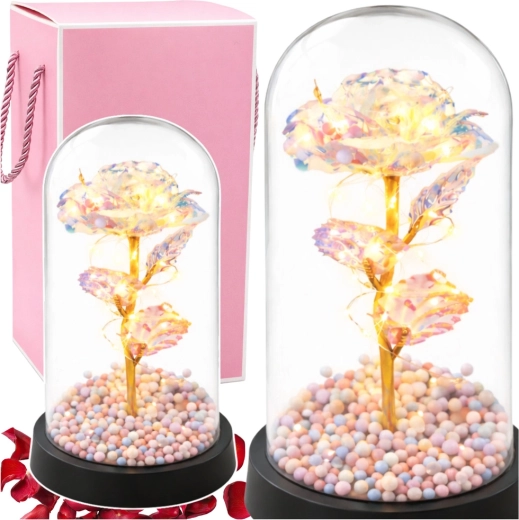 Rosa eterna de cristal en cúpula de vidrio con iluminación LED 21,5 × 11 cm
