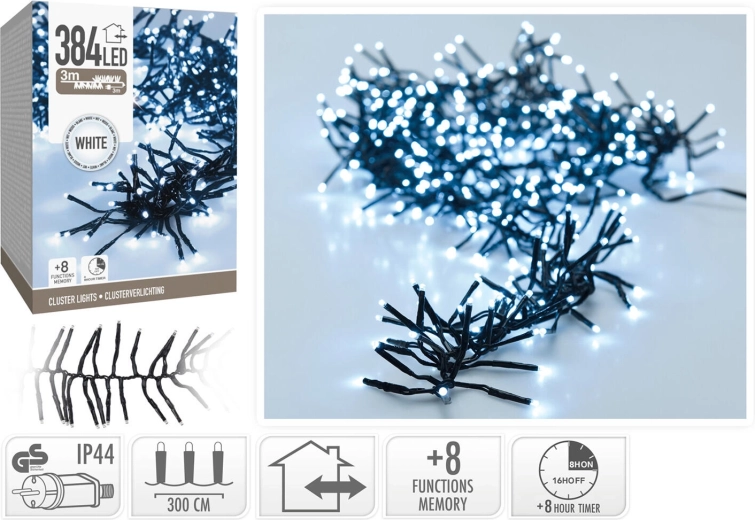 Cadena de luces LED navideñas 3 m, blanco frío, 384 LED, 8 modos con temporizador