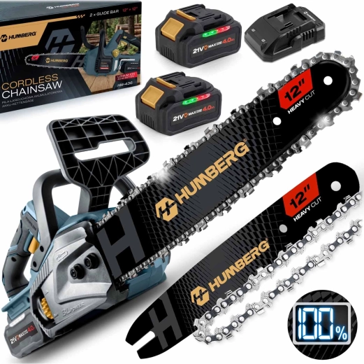 Motosierra a batería Humberg 12" con motor sin escobillas + 2× baterías de 4 Ah