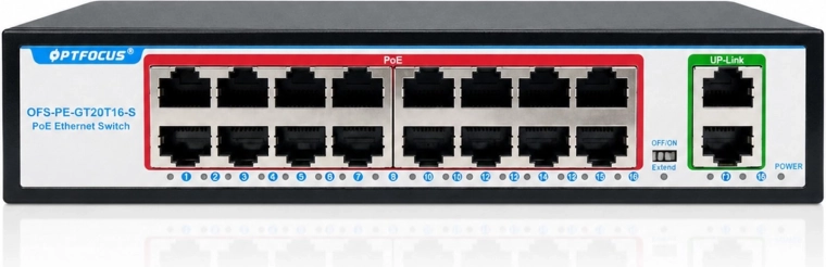 Switch PoE Gigabit RENEW FORCE con 16 puertos PoE y 2 puertos de enlace ascendente