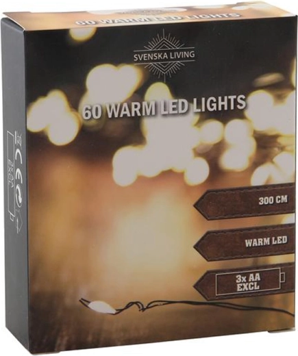 Guirnalda luminosa 60 LED de luz blanca cálida 3 m negra a pilas