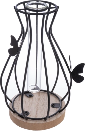 Jarrón de madera y metal con motivo de mariposa negra