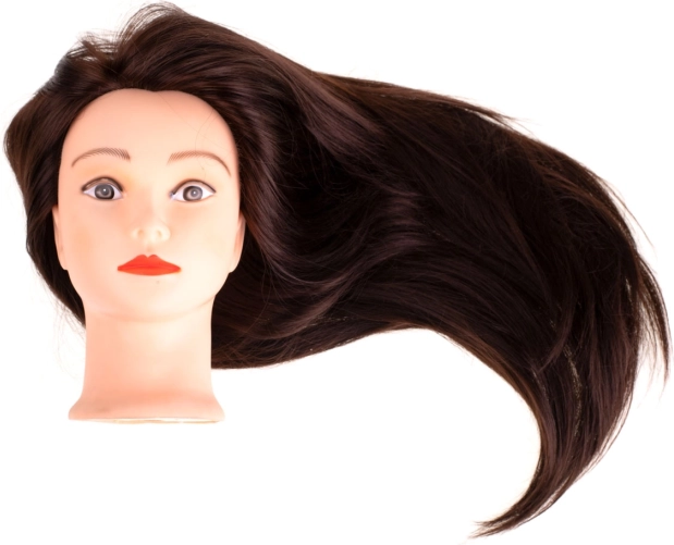 Cabeza de entrenamiento de peluquería con cabello castaño