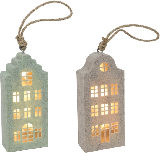 Decoración navideña colgante – casita de fieltro con LED, 14,5 cm