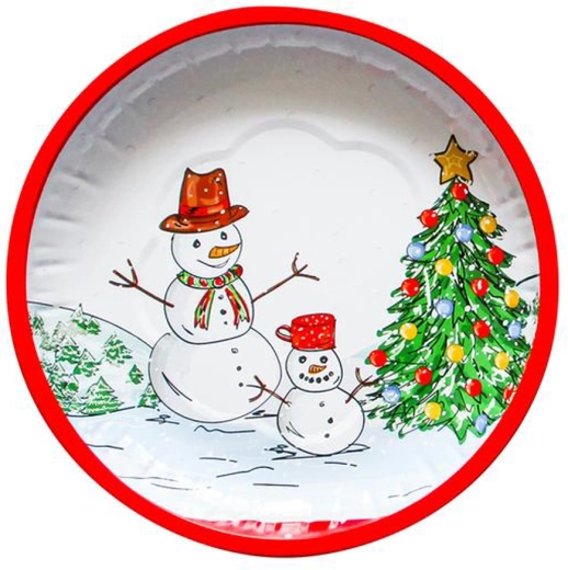 Bandeja navideña redonda de hojalata Muñeco de nieve 26 cm