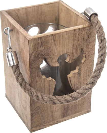 Portavelas de madera de mango y vidrio con motivo de ángel