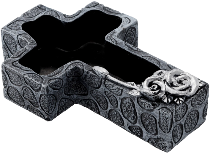 Macetero funerario de cemento con forma de cruz, gris oscuro con detalles plateados 28 × 18 × 7,5 cm