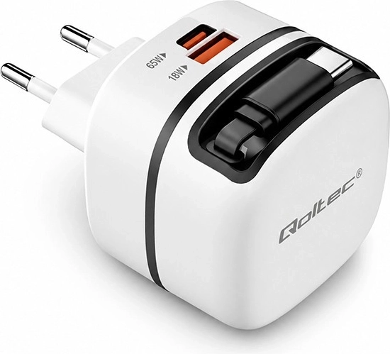 Cargador de red Qoltec GaN de 65 W USB‑C PD PPS con cable retráctil