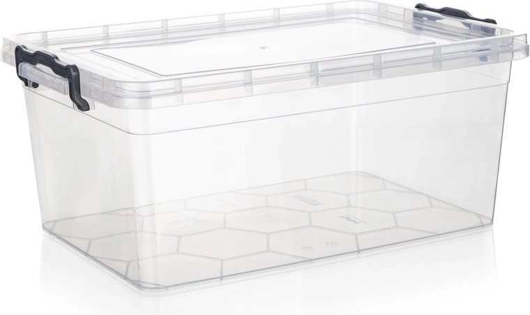 Caja de almacenamiento GEMA 14 l con tapa y clips, transparente
