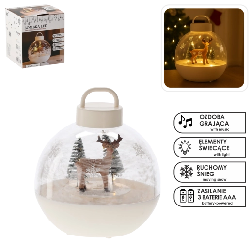 Decoración navideña – casita con reno y LED, musical, blanca (15 × 15 × 17 cm)