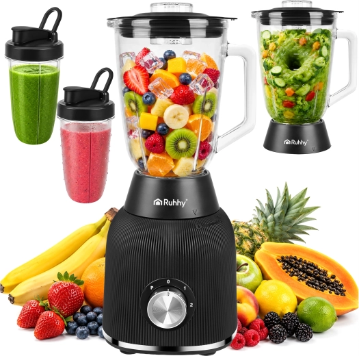 Batidora de vaso de cristal Ruhhy 1200 W con función de triturado de hielo y 2 botellas portátiles