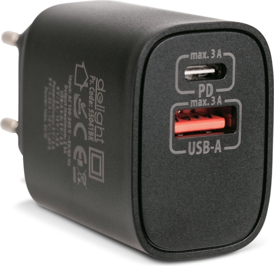 Adaptador de red USB-A y USB-C PD de 20 W con carga rápida negro
