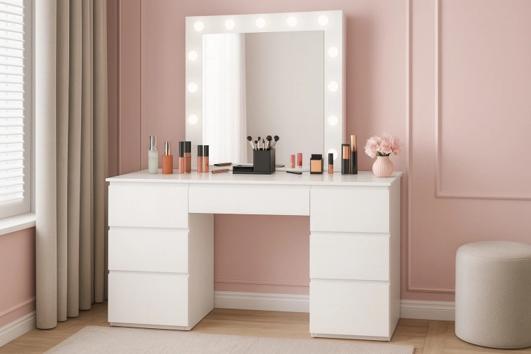 Tocador cosmético blanco con espejo LED y 7 cajones