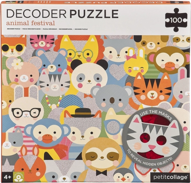 Petit Collage puzzle decodificador Festival de animales con gafas 3D, 100 piezas