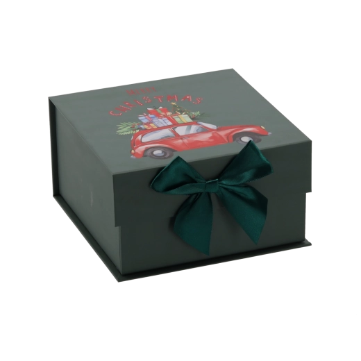 Caja de regalo navideña con motivo de coche y lazo verde 20 × 20 × 11 cm - 1 unidad