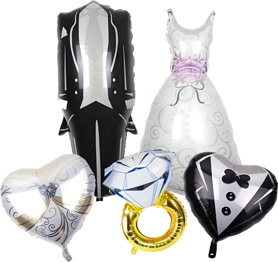 Globos de boda – vestido, esmoquin, corazón y anillo de compromiso, 5 uds.